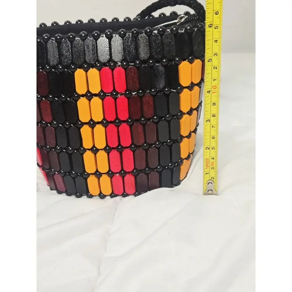BOHO African Wooden Bead Black Bucket Shoulder Bag Indie Retro Coastal Rasta